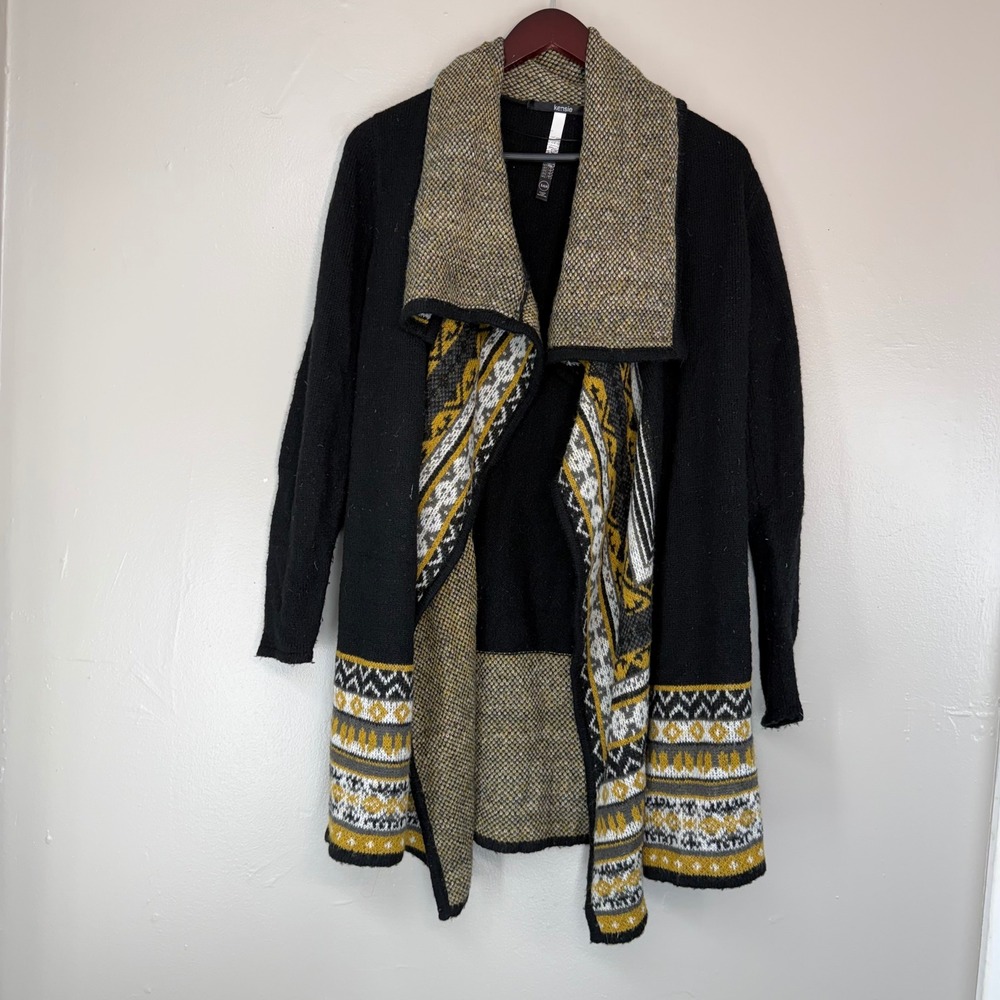 Kensie Womens XS Black Mustard Yellow Geometric Fair Isle Open Front Cardigan
